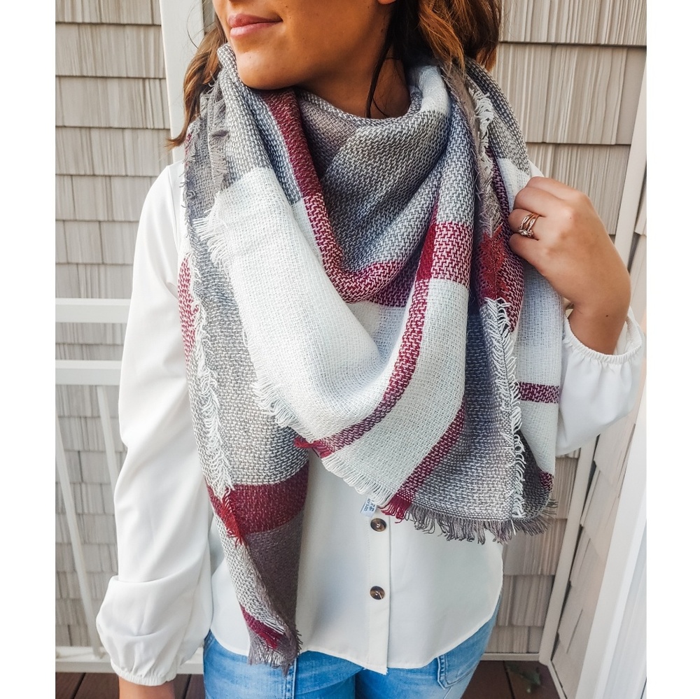 Red & Gray Fringed Scarf